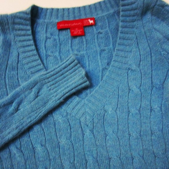 CASHMERE Cable Pullover Skinny Knit Sweater Blue V Neck Cuddly Fuzzy - Picture 9 of 10